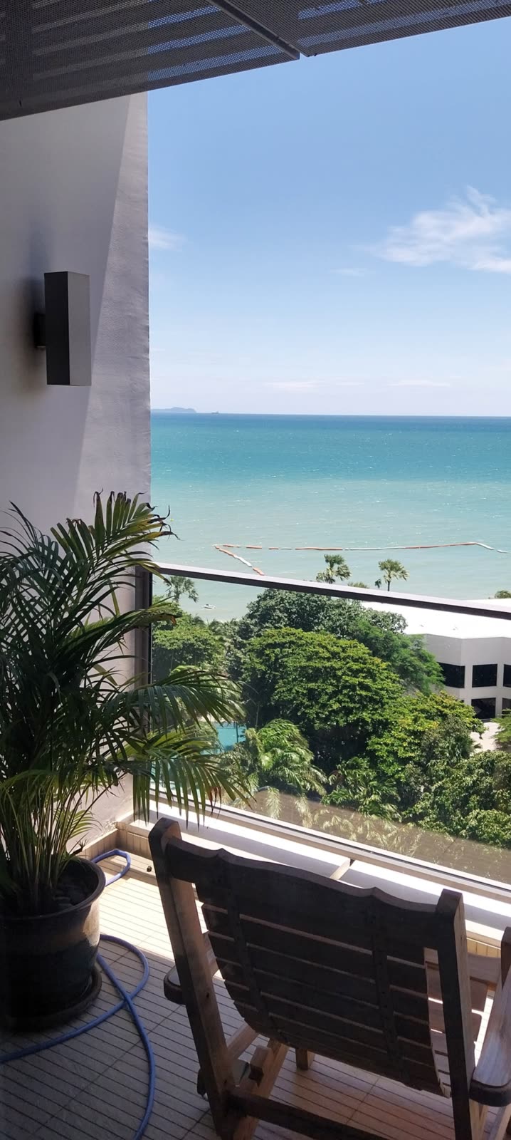 balcony view of turquoise ocean with a potted palm and wooden lounge chair